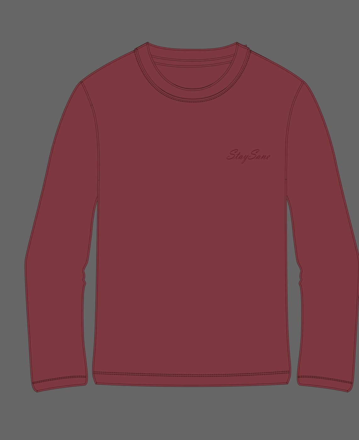 StaySane long sleeve tee, front, technical flat sketch